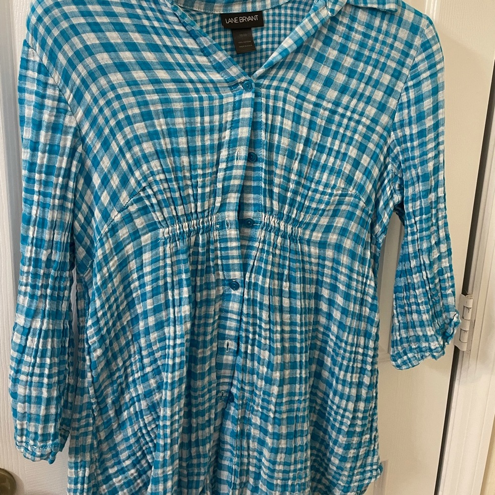Lame Bryant turquoise and white checkered tunic
